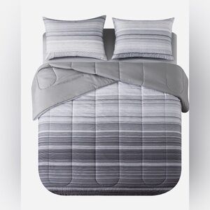 Queen Bedding Set~ Striped Gray Comforter Set with Shams and bedskirt.